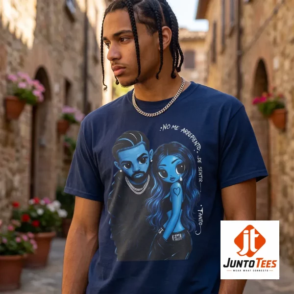 Karol G and Drake graphic illustration printed on a beige cotton t-shirt. (Detail view #6)
