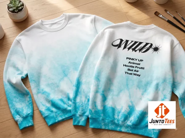 Front and back view of a white to sky blue gradient sweatshirt with KATSEYE Wild tracklist text graphic.