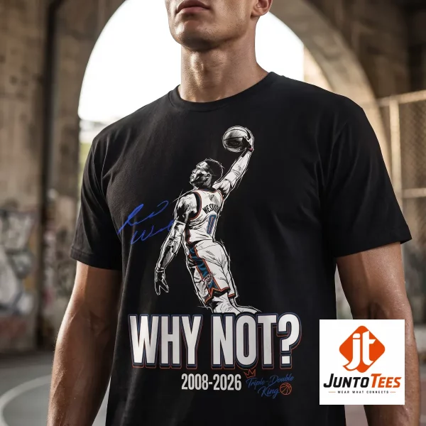 Front view of Russell Westbrook Why Not? graphic t-shirt on a model