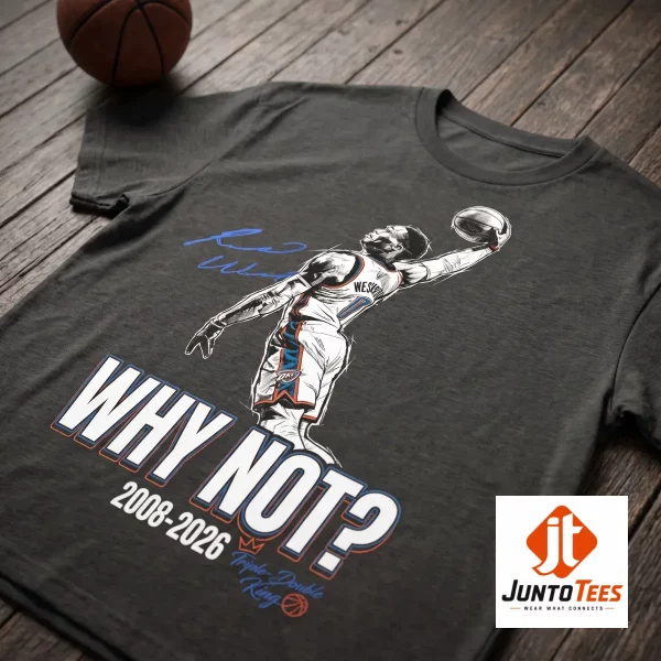Close up on the Why Not? Westbrook illustration and signature on black fabric