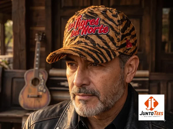 Close up of the Los Tigres del Norte tiger stripe baseball cap with detailed red embroidery.