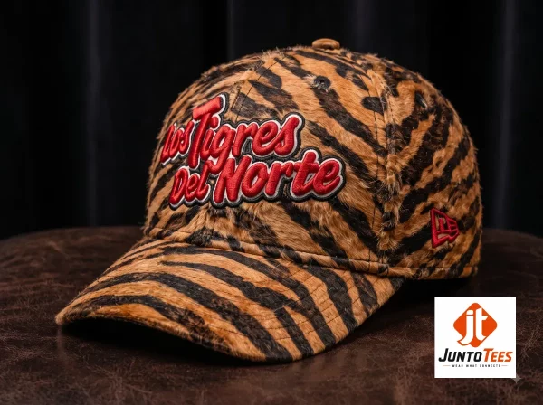 Replica New Era Los Tigres Del Norte Mexico Printed and Embroidered Tiger Stripe Baseball Cap 1 Lifestyle shot of an individual wearing the Los Tigres del Norte tiger stripe cap near a guitar.