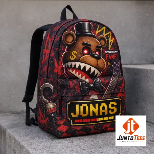 Five Nights at Freddys personalized streetwear backpack by Spayground with Freddy Fazbear graphic and custom name.