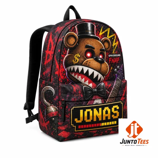 Five Nights at Freddys x Spayground Personalized Graffiti Streetwear Backpack 1 Close-up of the FNAF graffiti print featuring Freddy Fazbear and custom nameplate on a black and red backpack.