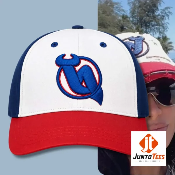 Kim Kardashian style vintage cap in red white and blue featuring stylized letter graphic print.