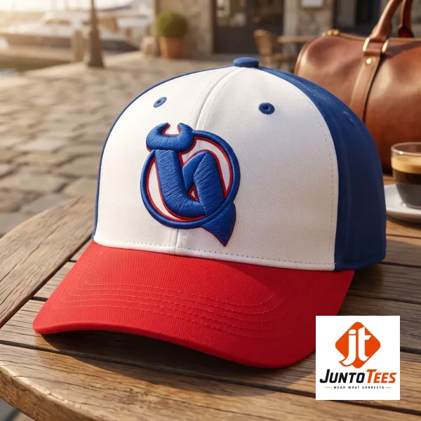 Kim Kardashian Vintage Devils Hat 3 Kim Kardashian style vintage cap in red white and blue featuring stylized letter graphic print. (Detail view #4)
