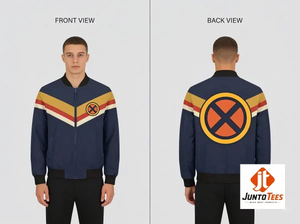 Navy blue Marvel X-Men bomber jacket featuring a yellow, red, and white chevron stripe on the chest with a circular X logo.