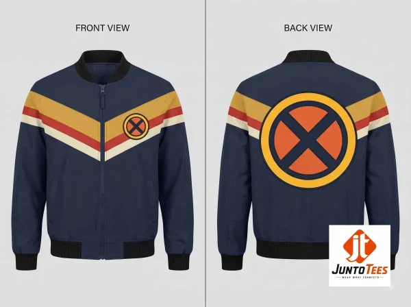 D23 X-Men Marvel AOP Bomber Jacket 2026 1 Rear view of an X-Men bomber jacket showing a large red X-Men logo in a circle on a deep navy background.