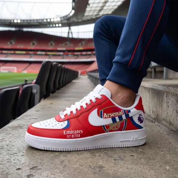 Detailed view of the Arsenal FC cannon emblem printed on a Nike Air Force 1 sneaker.