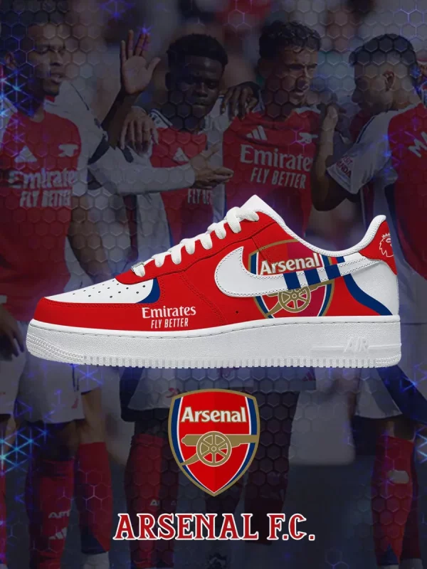 Side profile of Arsenal FC custom Nike Air Force 1 sneaker with Emirates Fly Better branding on a stadium pitch. (Detail view #3)