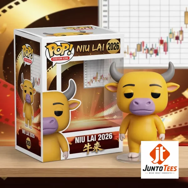 Front view of Niu Lai 2026 Market Bull vinyl-style resin figure with retail packaging and stock chart graphics.