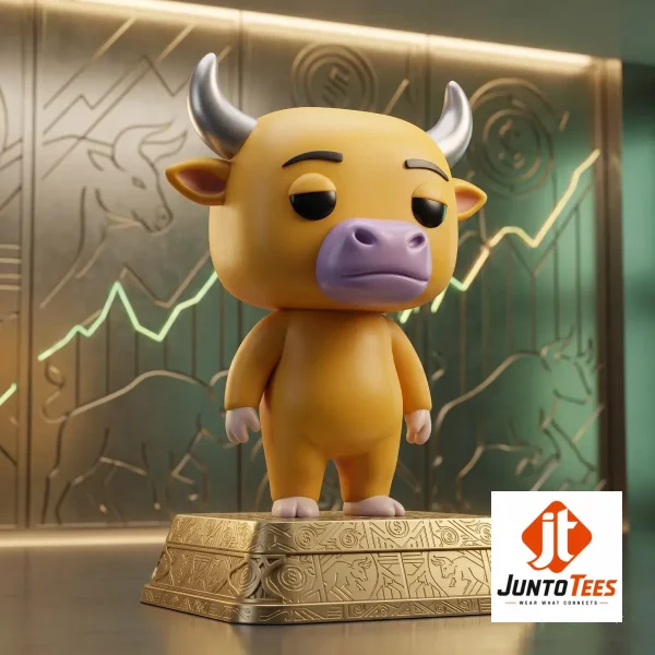 Close up of the Niu Lai 2026 Bull character, showing the detailed purple muzzle and expressive eyes on a workspace desk.
