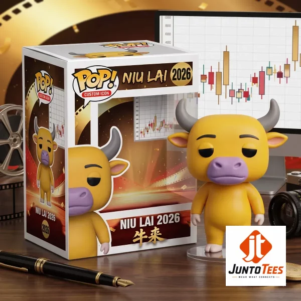 Front view of Niu Lai 2026 Market Bull vinyl-style resin figure with retail packaging and stock chart graphics. (Detail view #3)