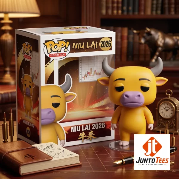 Front view of Niu Lai 2026 Market Bull vinyl-style resin figure with retail packaging and stock chart graphics. (Detail view #4)