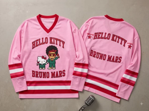 Close up of Hello Kitty Bruno Mars varsity lettering and jersey stripes