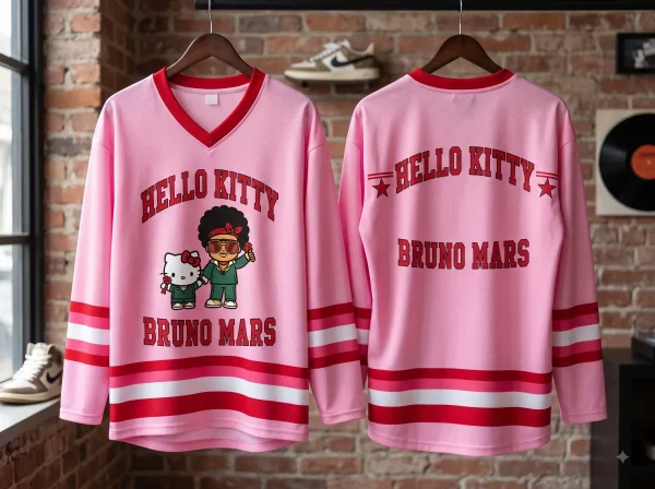 Front view of Hello Kitty and Bruno Mars pink varsity jersey with red graphic typography on denim background (Detail view #3)