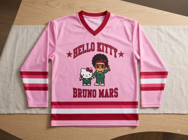Front view of Hello Kitty and Bruno Mars pink varsity jersey with red graphic typography on denim background (Detail view #4)