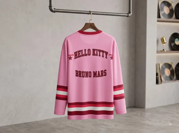 Front view of Hello Kitty and Bruno Mars pink varsity jersey with red graphic typography on denim background (Detail view #5)