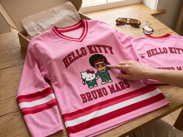 Front view of Hello Kitty and Bruno Mars pink varsity jersey with red graphic typography on denim background (Detail view #6)