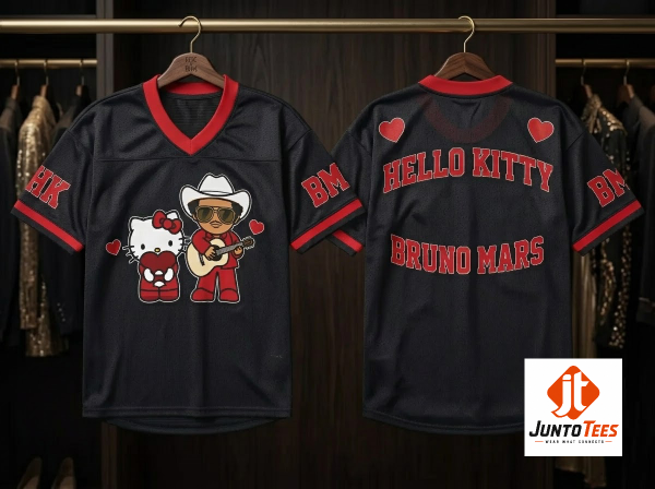 Front view of Hello Kitty Bruno Mars The Romantic Tour 2026 Merch Mesh Jersey Shirt At MetLife Stadium on August 21 2026 with official design details