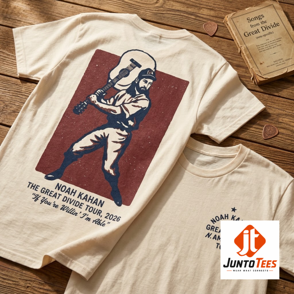 Noah Kahan The Great Divide Tour 2026 merchandise shirt with maroon illustration on cream fabric.