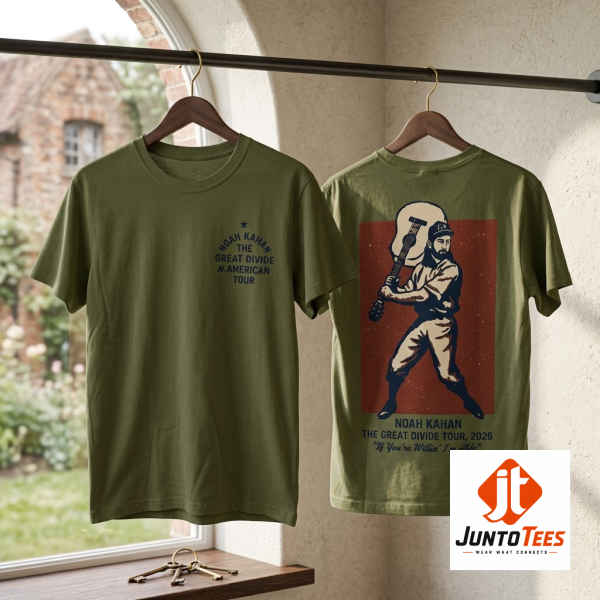 Noah Kahan The Great Divide Tour 2026 Merch If You’re Willing I’m Able Graphic T-Shirt 1 Detailed view of the Noah Kahan The Great Divide tour graphic print on a unisex crew neck shirt.