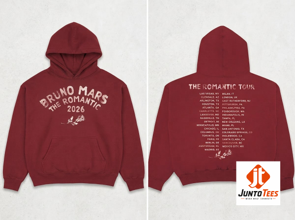 Front view of the Bruno Mars The Romantic Tour 2026 deep maroon concert hoodie with white retro typography and rose graphic.