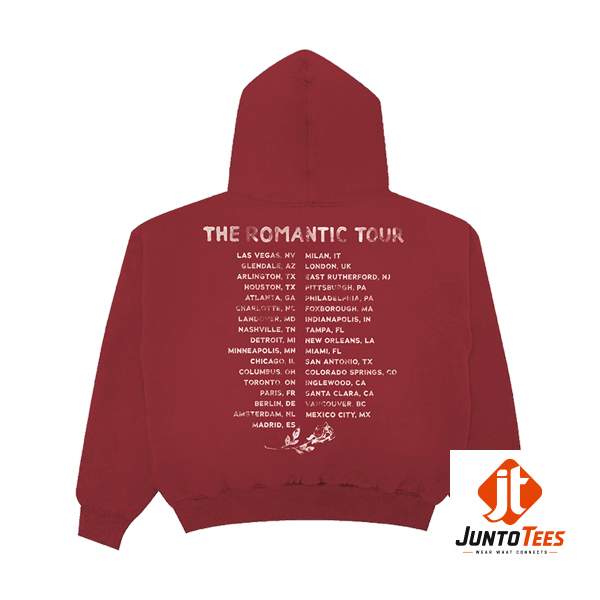 Bruno Mars The Romantic Tour 2026 Concert Hoodie T shirt Sweatshirt Merch 1 Back view of the Bruno Mars The Romantic Tour 2026 deep maroon hoodie listing international tour cities and dates.