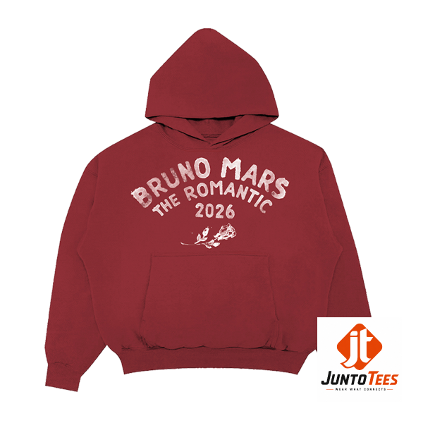 Bruno Mars The Romantic Tour 2026 Concert Hoodie T shirt Sweatshirt Merch 2 Front view of the Bruno Mars The Romantic Tour 2026 deep maroon concert hoodie with white retro typography and rose graphic. (Detail view #3)