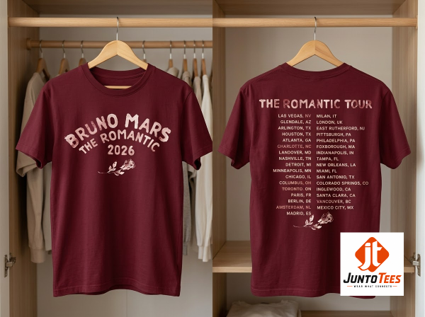 Bruno Mars The Romantic Tour 2026 Concert Hoodie T shirt Sweatshirt Merch 3 Front view of the Bruno Mars The Romantic Tour 2026 deep maroon concert hoodie with white retro typography and rose graphic. (Detail view #4)