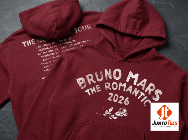 Bruno Mars The Romantic Tour 2026 Concert Hoodie T shirt Sweatshirt Merch 4 Front view of the Bruno Mars The Romantic Tour 2026 deep maroon concert hoodie with white retro typography and rose graphic. (Detail view #5)