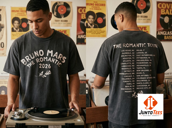 Bruno Mars The Romantic Tour 2026 Concert Hoodie T shirt Sweatshirt Merch 5 Front view of the Bruno Mars The Romantic Tour 2026 deep maroon concert hoodie with white retro typography and rose graphic. (Detail view #6)