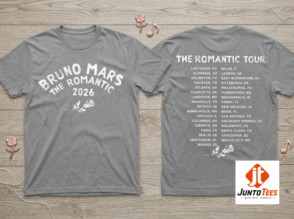 Bruno Mars The Romantic Tour 2026 Concert Hoodie T shirt Sweatshirt Merch 6 Front view of the Bruno Mars The Romantic Tour 2026 deep maroon concert hoodie with white retro typography and rose graphic. (Detail view #7)