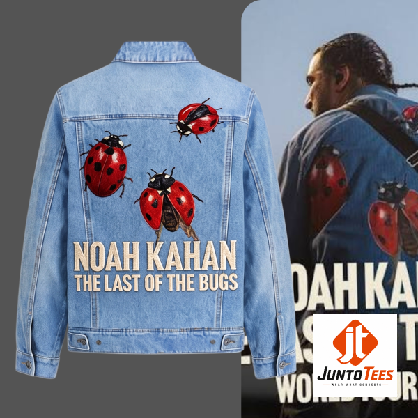 Front view of Noah Kahan Merch The Last Of The Bugs Tour 2026 2027 Three Ladybugs Denim Jacket with official design details