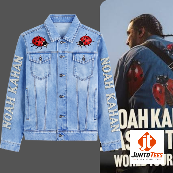 Detailed look of Noah Kahan Merch The Last Of The Bugs Tour 2026 2027 Three Ladybugs Denim Jacket in 3D Products