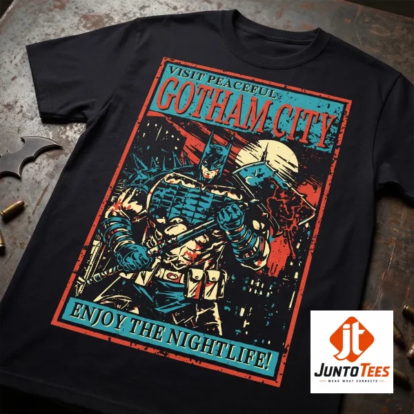 Front view of a black graphic t-shirt featuring a stylized Batman travel poster design with vintage colors.