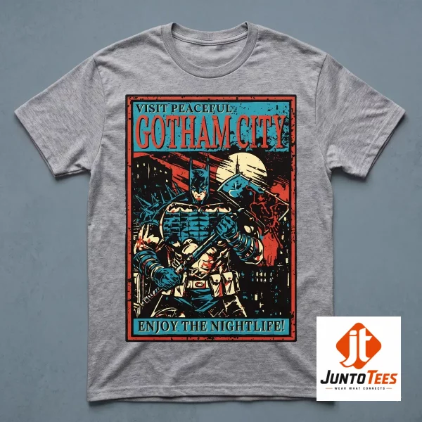 Front view of a black graphic t-shirt featuring a stylized Batman travel poster design with vintage colors. (Detail view #3)