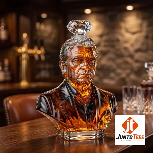 Front view of Johnny Cash Bust Glass Whiskey Decanter with official design details