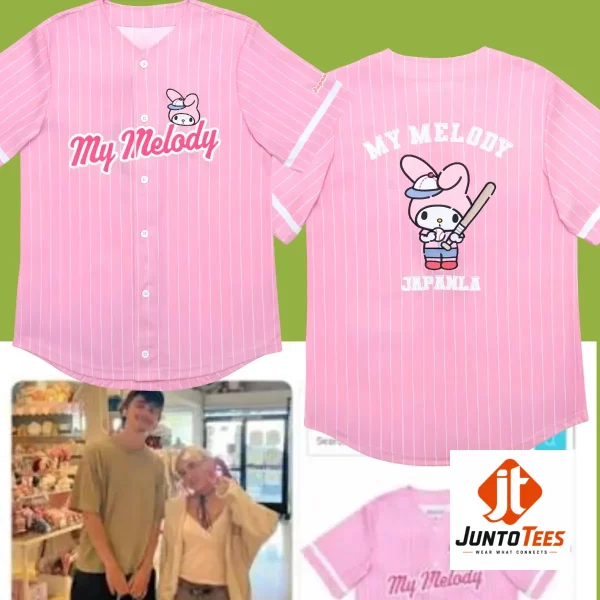 Front and back view of the pink My Melody JapanLA baseball jersey with pinstripe detailing