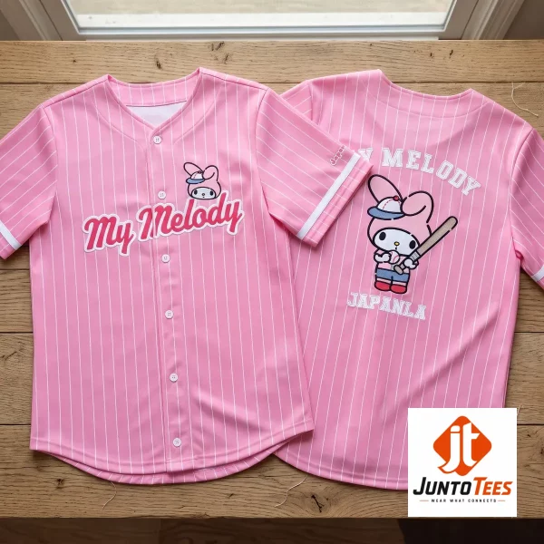 Front and back view of the pink My Melody JapanLA baseball jersey with pinstripe detailing (Detail view #2)