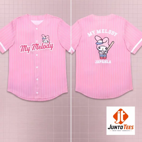 Front and back view of the pink My Melody JapanLA baseball jersey with pinstripe detailing (Detail view #3)
