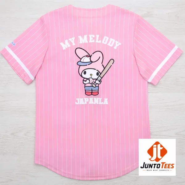 Front and back view of the pink My Melody JapanLA baseball jersey with pinstripe detailing (Detail view #4)