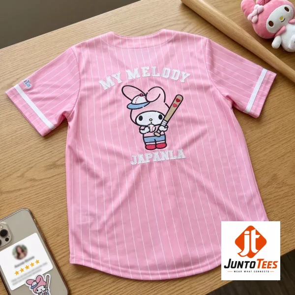 Front and back view of the pink My Melody JapanLA baseball jersey with pinstripe detailing (Detail view #5)