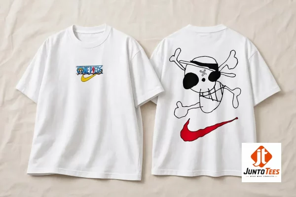 Front and back view of the One Piece X Nike Luffy Jolly Roger white t-shirt design.