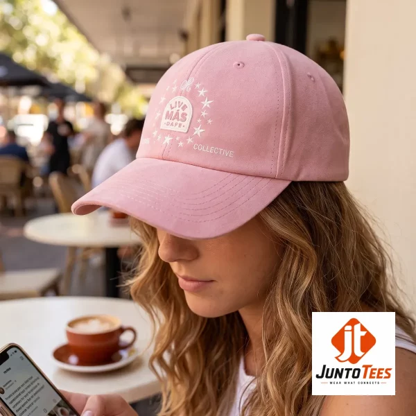 Front view of the pink Live Más Cafe hat showing detailed white embroidery.