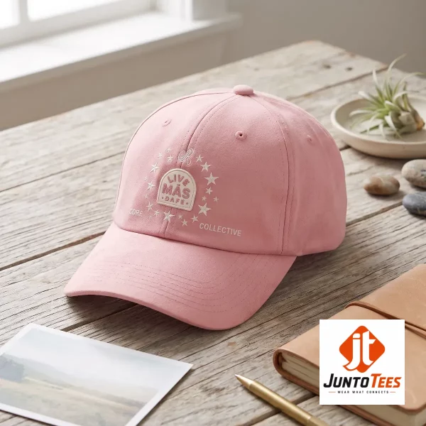 A girl wearing the Olivia Rodrigo inspired pink hat while holding her phone.
