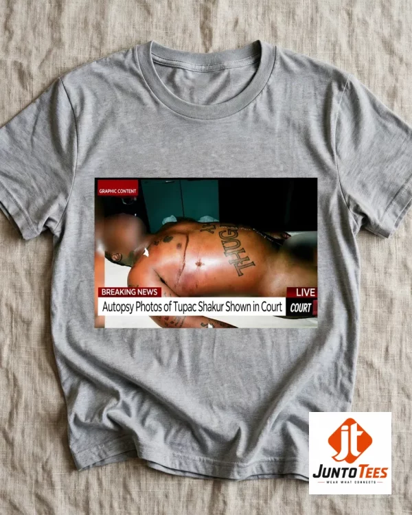 Top-down view of a heather grey Tupac Shakur graphic tee featuring a news-style layout and Breaking News text.
