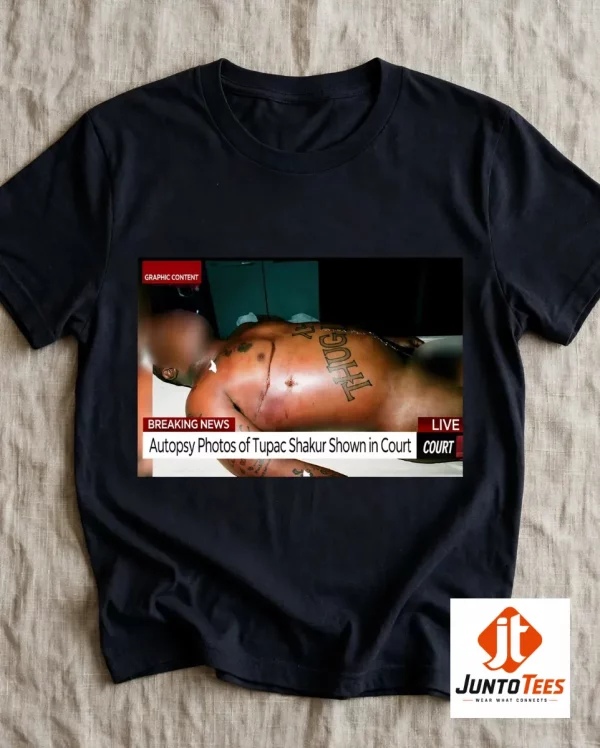 Close-up detail of the Tupac Shakur print on a grey cotton-poly shirt showing the Breaking News aesthetic.