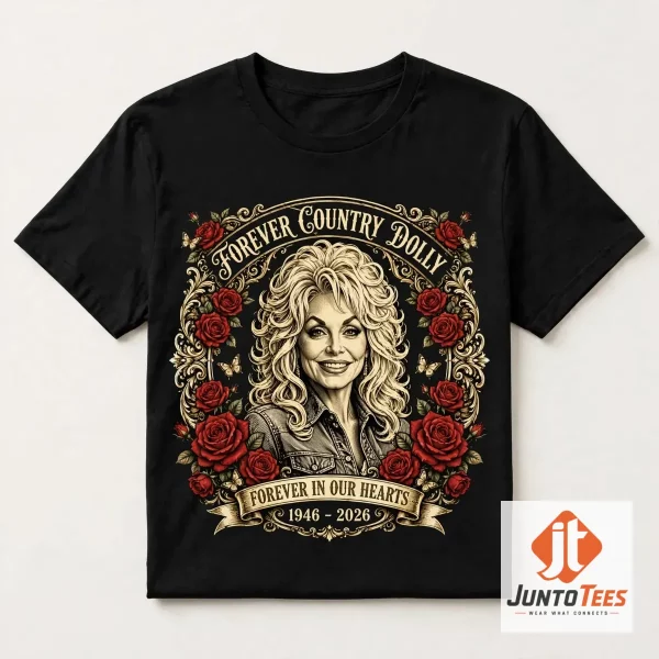 Front view of white crew neck t-shirt featuring Dolly Parton memorial illustration with roses and gold filigree border.