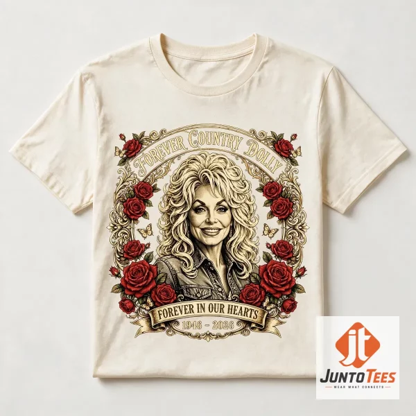 Close up of the Dolly Parton memorial graphic showing the detailed portrait, 1946-2026 dates, and golden rose illustration.